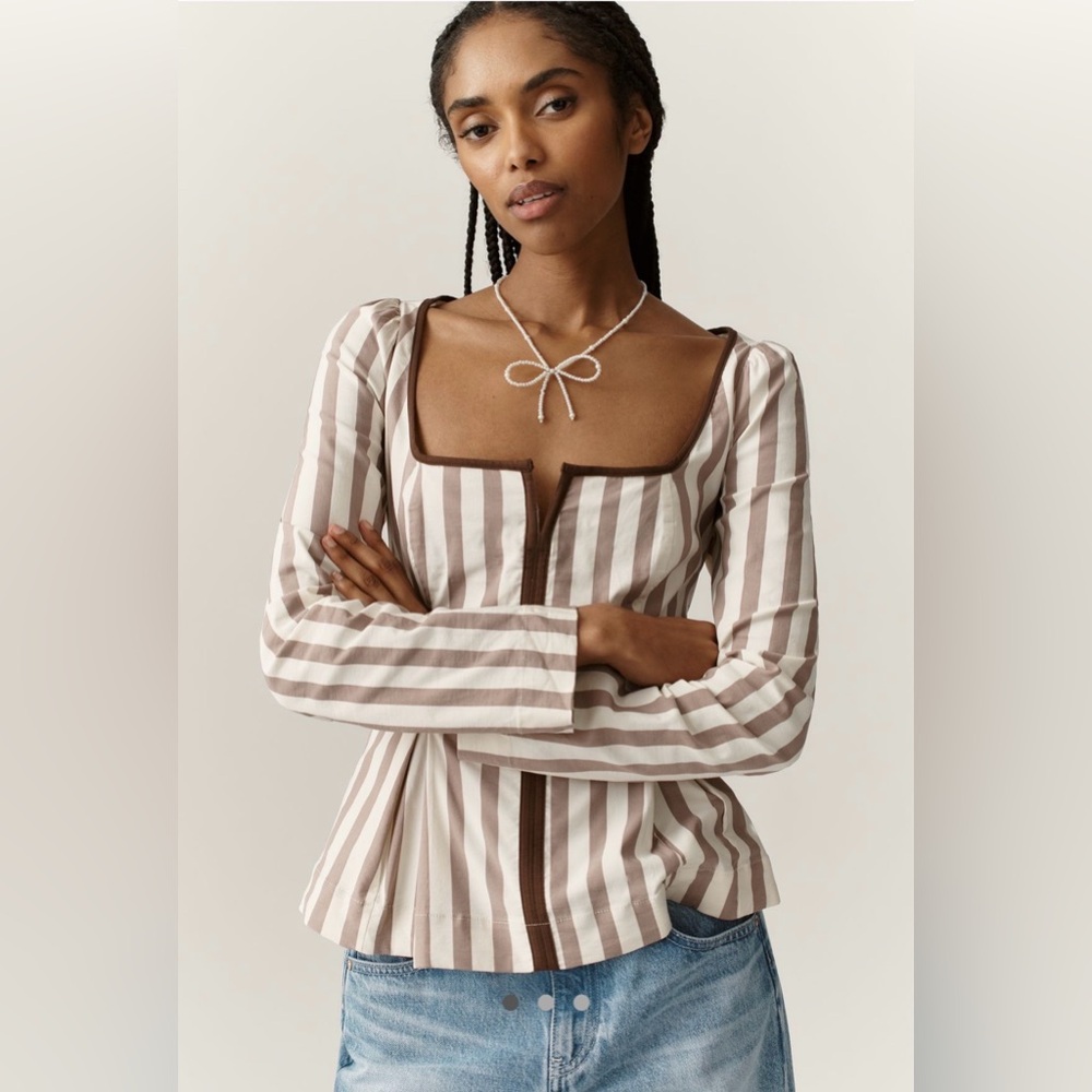 Maeve Cream and Brown Striped Square-Neck Long Sleeve Blouse